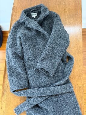 Ganni Charcoal Boucle Gray Belted Wool-Blend Long Coat